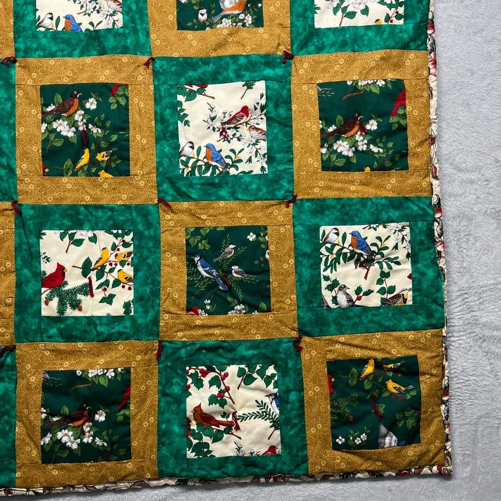 Handcrafted Bird Patchwork Tied Quilt 52x34 Green Gold Floral Reversable